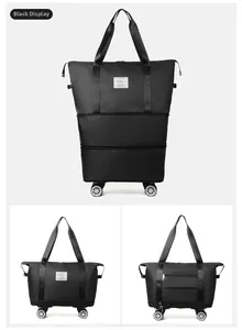 Black Oxford travel bag with expandable bottom and wheels showing different sizes