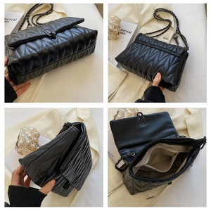 Detailed views of a black quilted chain bag showing interior compartments and texture