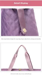 Detail view of purple quilted oxford bag featuring side snap buttons and soft woven handles