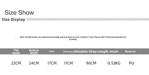 Size chart showing PU leather bridal shoulder bag dimensions 24x17x11cm and strap length