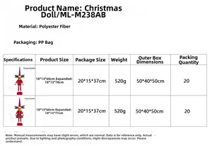 Size chart showing 20-inch retractable reindeer doll dimensions with adjustable leg length