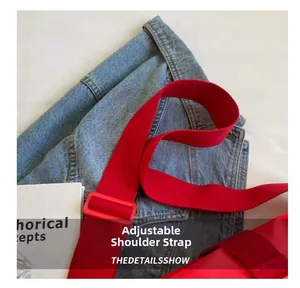 Detail of red nylon adjustable shoulder strap with matching plastic buckle on bag