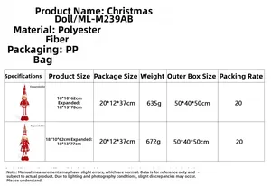 Detailed size chart for 20-inch extendable Christmas doll plush featuring boy and girl designs