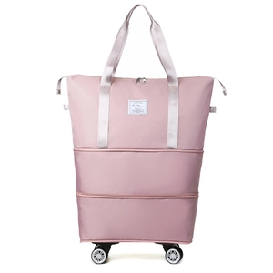 Pink waterproof oxford travel bag with wheels and expandable large capacity layers
