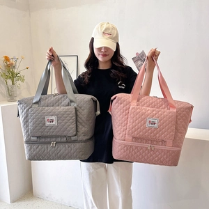 Grey and pink quilted oxford travel bags with shoe compartment and large capacity