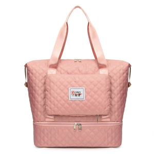 Pink quilted Oxford cloth travel bag with large capacity and separate shoe compartment