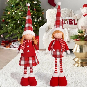 Set of two 20-inch Christmas boy and girl dolls in red knit outfits for festive decor