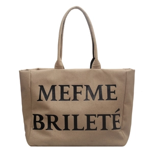 Grand sac cabas en toile beige avec inscription noire et double poignée pour femme