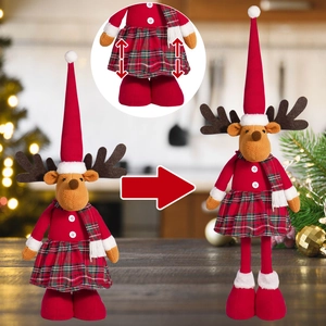 Detail of red Christmas reindeer plush showing the adjustable telescopic legs feature