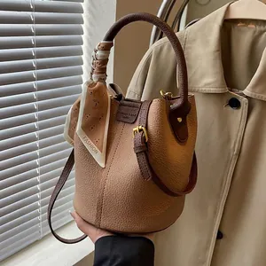 Retro Lychee Grain PU Leather Bucket Bag Women Handbag With Decorative Satin Scarf Small Crossbody Shoulder Bag