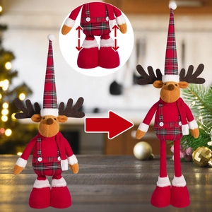 20-inch telescopic Christmas reindeer plush doll with adjustable height red plaid decor