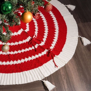 Christmas Tree Skirt Knitted Acrylic Red White Striped Tassel Holiday Decoration Ornament Soft Home Decor Classic
