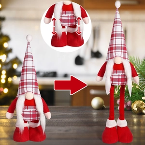 Detail of retractable legs feature on a 20-inch plush Christmas gnome decoration