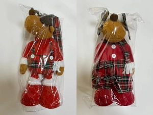 Detail of 20-inch Christmas reindeer plush in red plaid outfit, front and back views