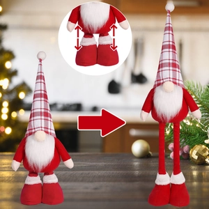 Adjustable 20-inch Christmas standing gnome with extendable legs and red plaid hat decoration