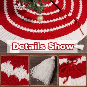 48-inch red and white knitted Christmas tree skirt with fringes and decorative bow ties