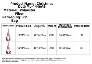 Size chart showing sitting Christmas gnome dimensions of 18x11x44cm and weight of 290g