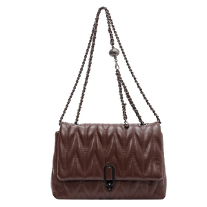 Brown quilted chain shoulder bag with a V-shaped pattern and dark metal strap