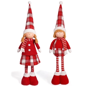 Pair of 20-inch Christmas boy and girl plush dolls with red hats and striped scarves