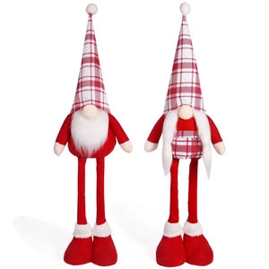Pair of 20-inch Christmas gnomes with long legs and red plaid hats for festive decoration