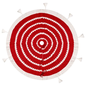 Red and white knitted Christmas tree skirt with fringes and festive concentric patterns