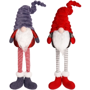 Set of two long-legged Christmas gnomes with grey and red hats for home decor