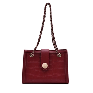 Elegant wine red crocodile pattern wedding handbag with golden chain strap and buckle