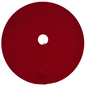 Deep red cable knit Christmas tree skirt with decorative bow ties and rustic texture