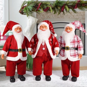 Three 24-inch standing Santa Claus dolls in classic, snowflake and plaid outfits