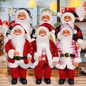 Detailed close-up of six unique Santa Claus figurines in colorful holiday outfits