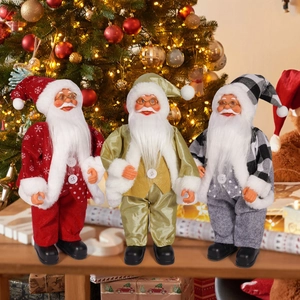Three decorative Santa Claus figurines with gold glasses and white beards for Christmas
