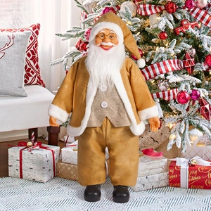 Detailed view of Santa figure in light brown suede coat with plush white fur trim