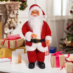 Close-up of a 12-inch realistic Santa Claus doll with red velvet suit and gold glasses