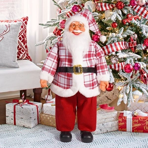 Close-up of 24-inch standing Santa Claus in red plaid coat with holiday gift boxes