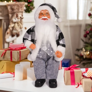 Detailed view of 12-inch Santa Claus figurine in modern black and white plaid robe