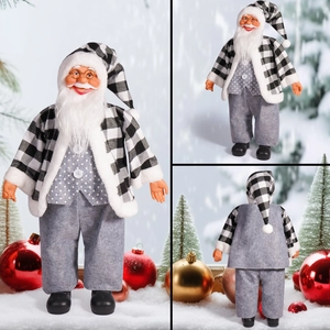 Detail shots of 24-inch Santa Claus figurine in black and white buffalo plaid outfit