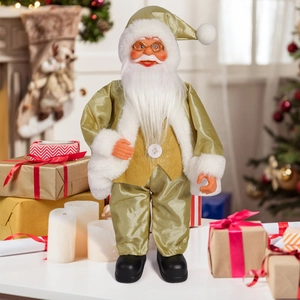 Close-up of realistic 12-inch Santa doll with gold satin outfit and white plush trim