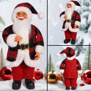 Detailed views of a 12-inch Santa Claus doll with red plaid coat and gold glasses