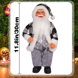 Detailed 11.8 inch Santa Claus figure in black and white plaid suit with holiday background