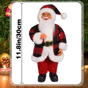 Detailed view of a 12-inch Santa Claus figurine in red and black buffalo plaid outfit