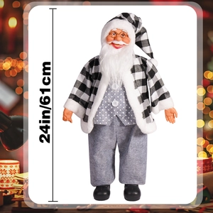 Detailed view of 24-inch Santa doll in black and white plaid robe with height markings