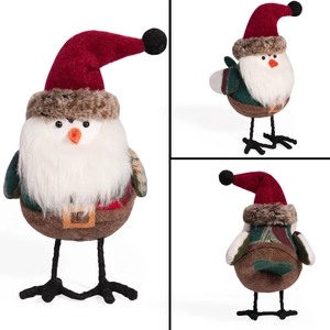 Three-way view of plush Christmas bird decor with Santa hat and plaid vest details