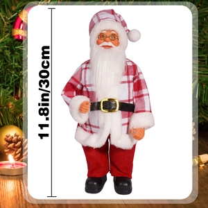 Detailed 12-inch Santa Claus doll wearing plaid coat with dimension label 11.8in height