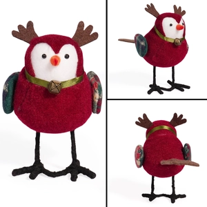 Three-angle views of a Christmas bird ornament with red felt, plaid wings, and antlers