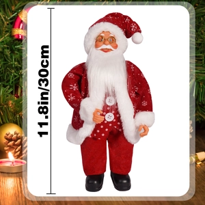 Detailed view of a 12-inch Santa Claus figurine with festive holiday decorations