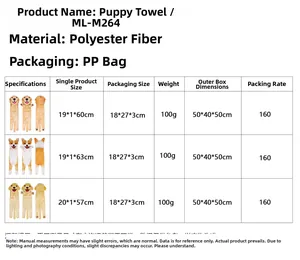 Size chart and specifications for cute puppy shaped decorative hanging towels
