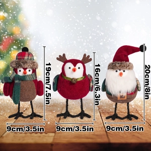 Three-piece set of festive standing birds with Santa hat and scarf, sizes 16 to 20cm