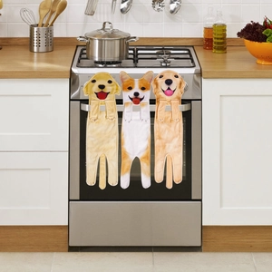 Three-piece set of hanging dog-shaped hand towels shown on a kitchen oven handle