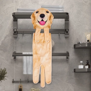 Hanging golden retriever dog hand towel made of soft microfiber on a bathroom towel rack