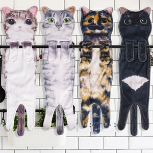 Set of four hanging cat hand towels in realistic designs on a bathroom rack